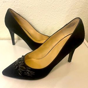 Nine West Black Suede Heel Pumps with Beaded Accent